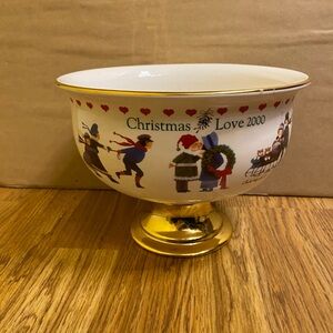 Charles Wysocki Christmas Love 2000 Gold Rimmed Pedestal And Fruit Bowl Decor.